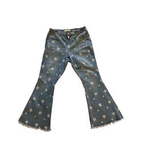 Est. 1946 Denim Star Print Flare Jeans Super Hi-Rise Frayed Hem 16W Blue Y2K EUC
